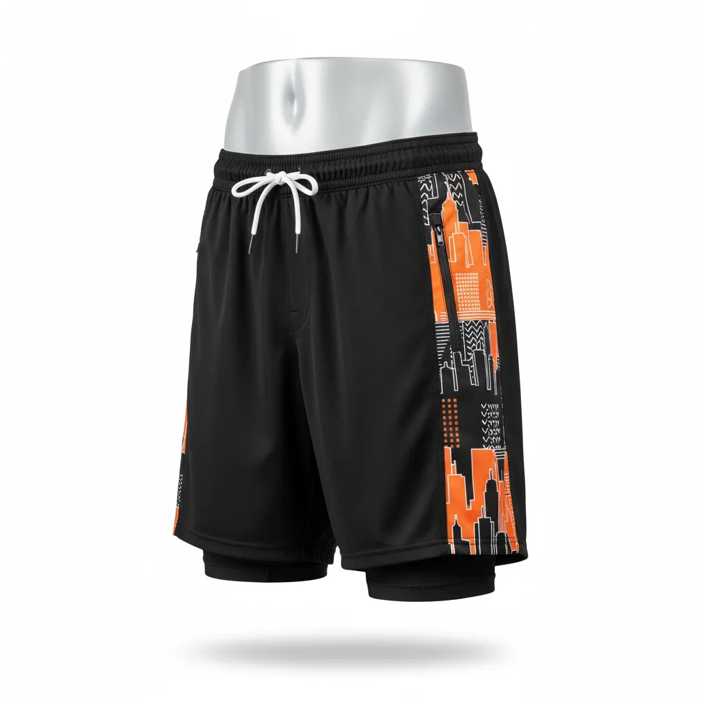 Custom Lacrosse Training Shorts - Black, Orange, White - Training Shorts Long Island Strong - Front View - HAMCO Sports Inc.