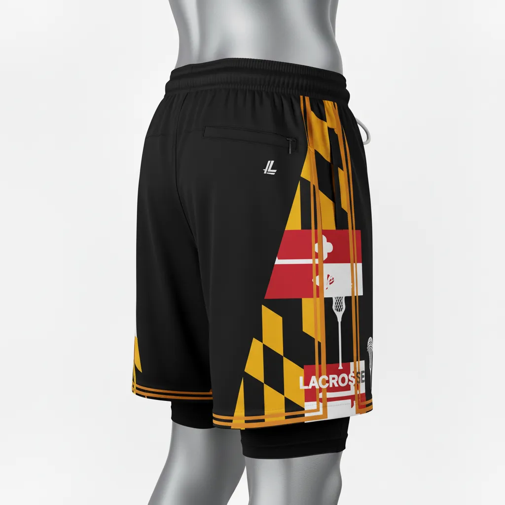 Custom Lacrosse Training Shorts - Black, Red, Gold - Training Shorts Maryland Pride - Back View - HAMCO Sports Inc.