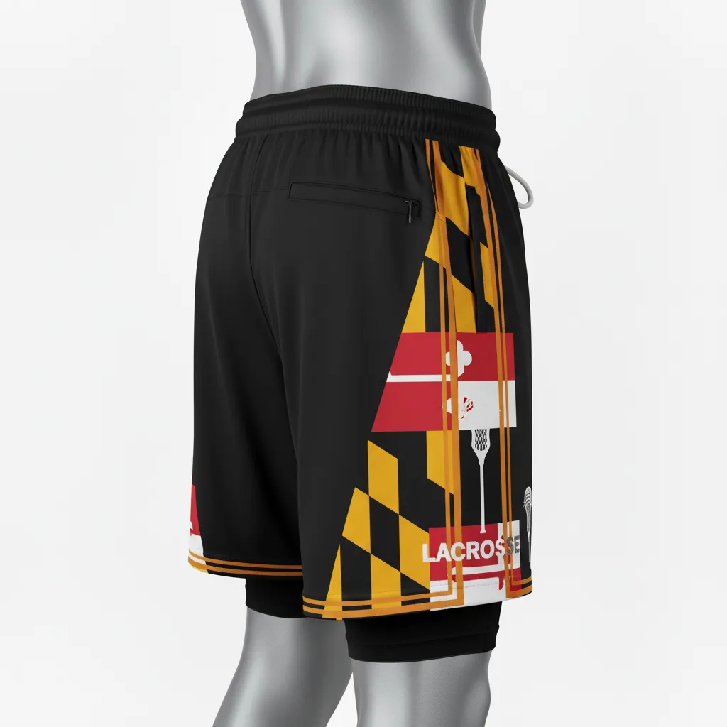 Custom Lacrosse Training Shorts - Black, Red, Gold - Training Shorts Maryland Pride - Front View - HAMCO Sports Inc.