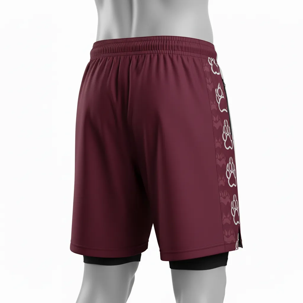 Custom Lacrosse Training Shorts - Burgundy, Silver - Training Shorts Bear Clan Strength - Back View - HAMCO Sports Inc.