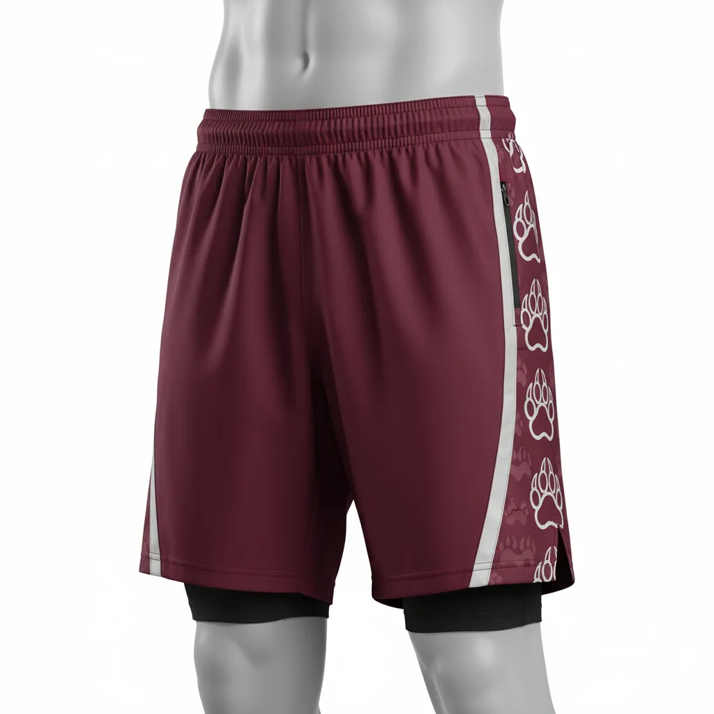 Custom Lacrosse Training Shorts - Burgundy, Silver - Training Shorts Bear Clan Strength - Front View - HAMCO Sports Inc.