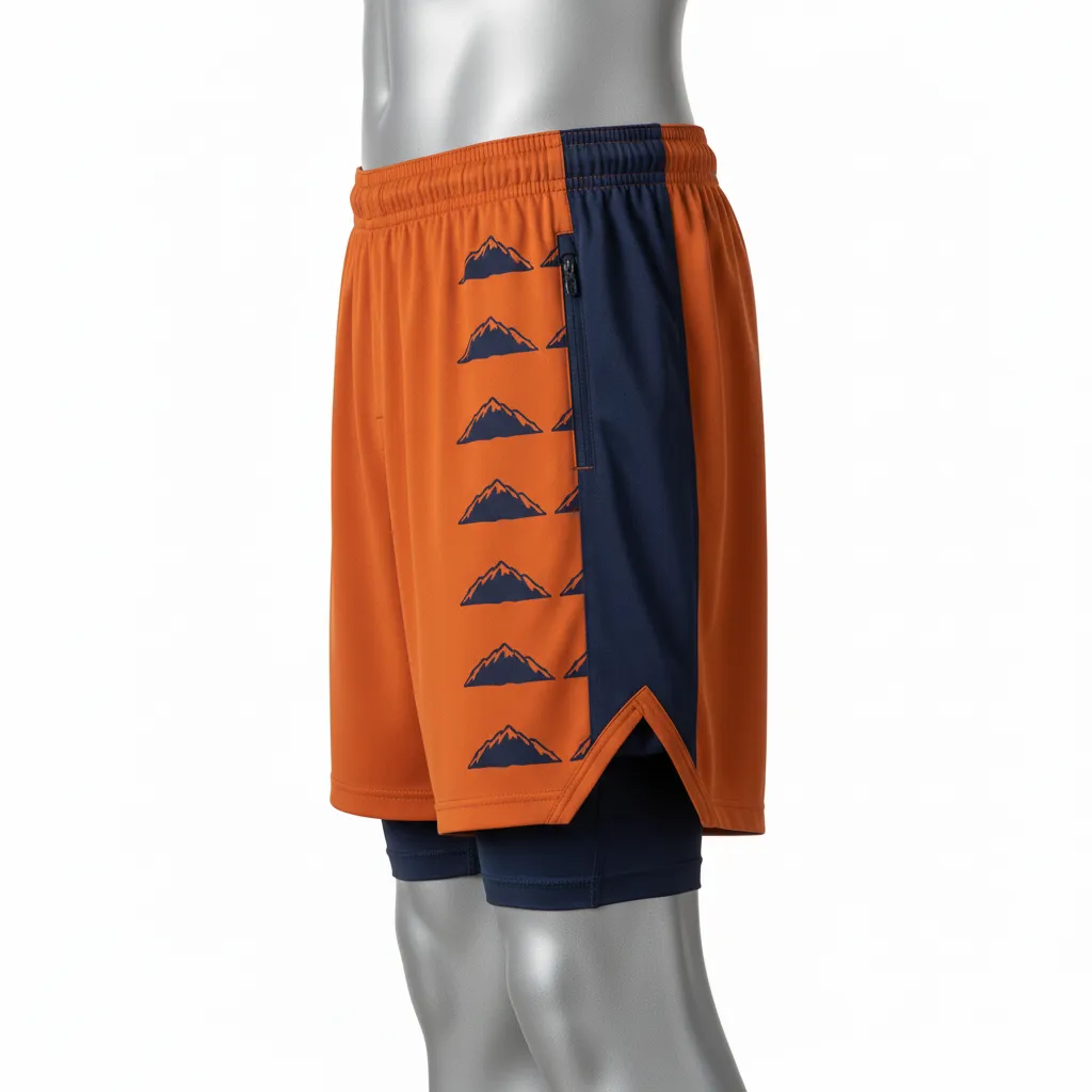Custom Lacrosse Training Shorts - Burnt, Orange, Navy - Training Shorts Upstate Mountain - Side View - HAMCO Sports Inc.