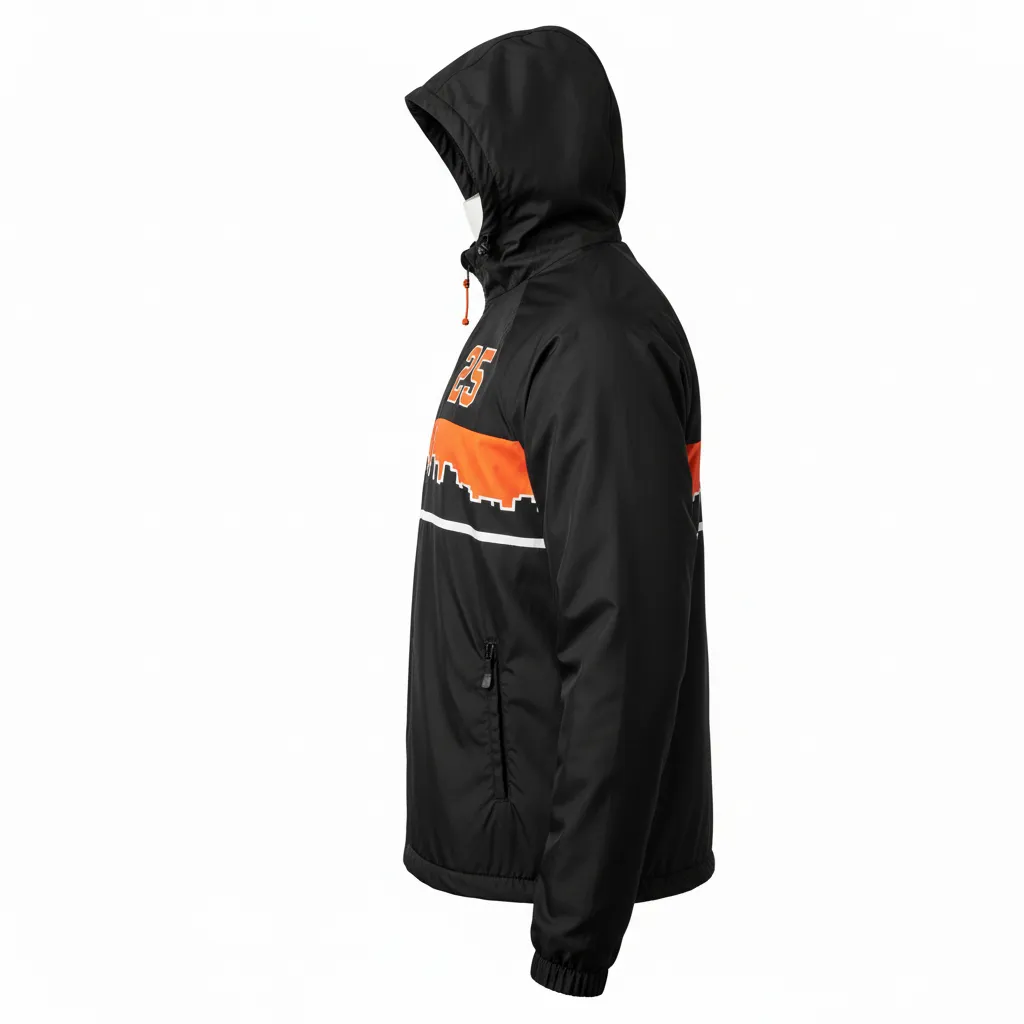 Custom Lacrosse Windbreaker - Black, Orange, White - Windbreaker Long Island Strong - Side View - HAMCO Sports Inc.