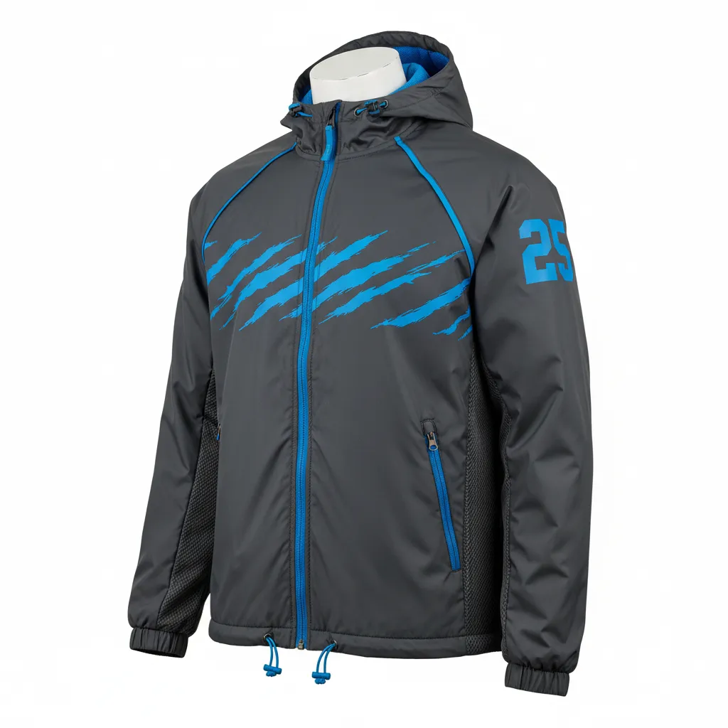 Custom Lacrosse Windbreaker - Blue - Windbreaker Charcoal Electric Cleat Marks Trail - Front View - HAMCO Sports Inc.