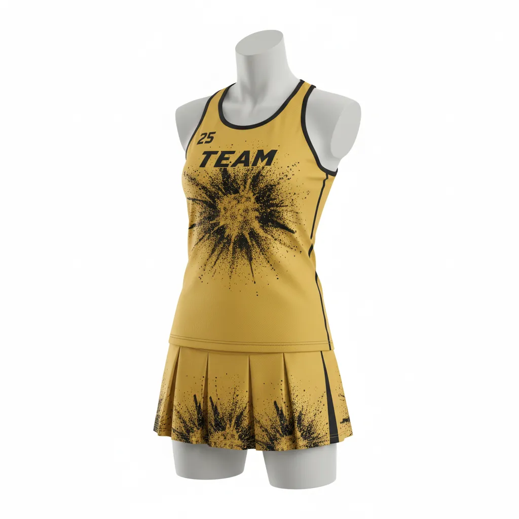 Custom Lacrosse Women Lacrosse Uniform - Gold, Black - Women S Uniform Athletic Goal Dust Explosion - Front View - HAMCO Sports Inc.