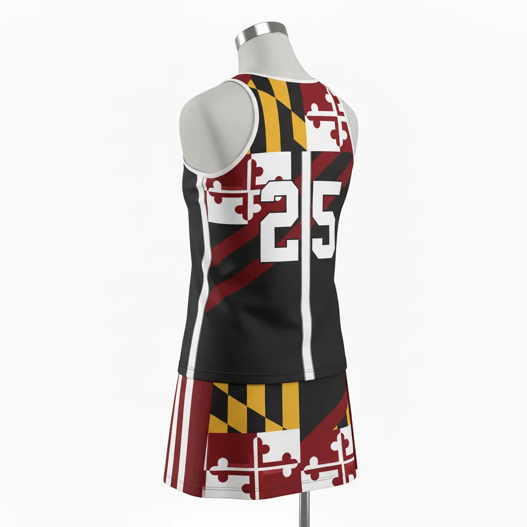 Custom Lacrosse Women Lacrosse Uniform - Black, Red, Gold - Women S Uniform Maryland Pride - Back View - HAMCO Sports Inc.