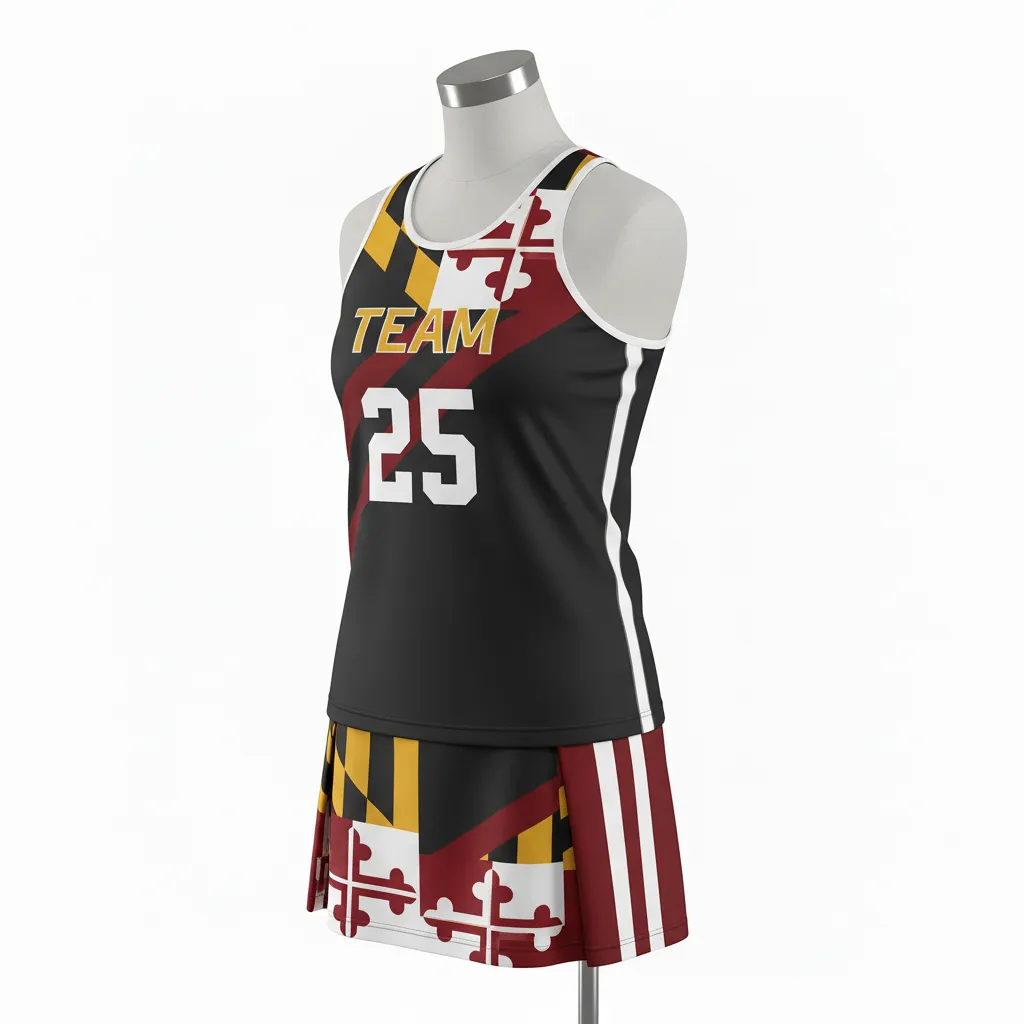 Custom Lacrosse Women Lacrosse Uniform - Black, Red, Gold - Women S Uniform Maryland Pride - Front View - HAMCO Sports Inc.