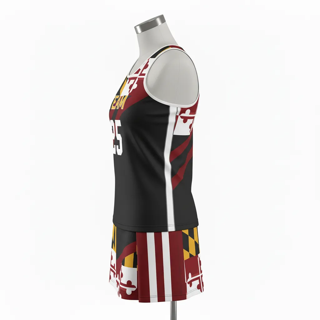 Custom Lacrosse Women Lacrosse Uniform - Black, Red, Gold - Women S Uniform Maryland Pride - Side View - HAMCO Sports Inc.