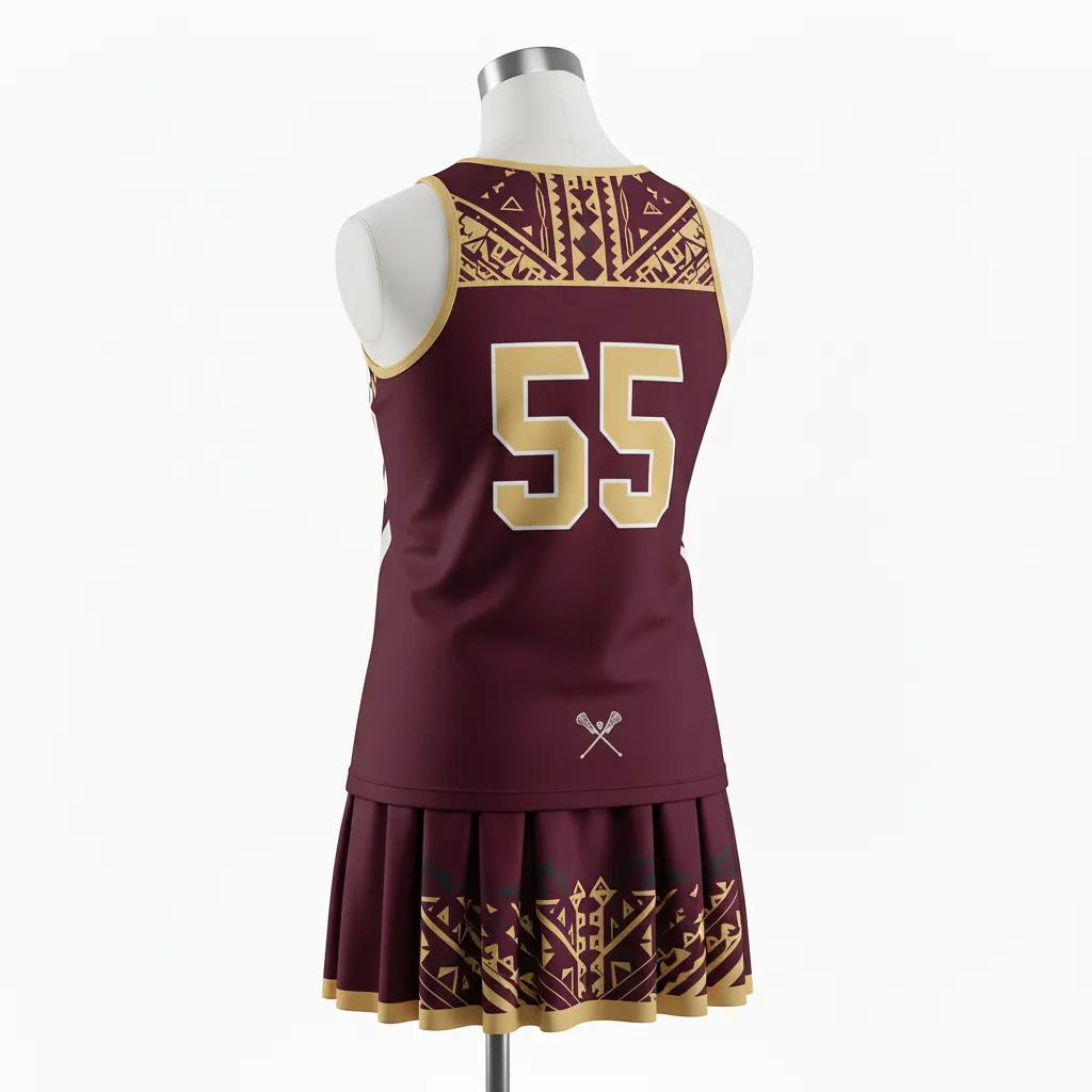 Custom Lacrosse Women Lacrosse Uniform - Burgundy, Gold - Women S Uniform Vegas Tribal Clash - Back View - HAMCO Sports Inc.