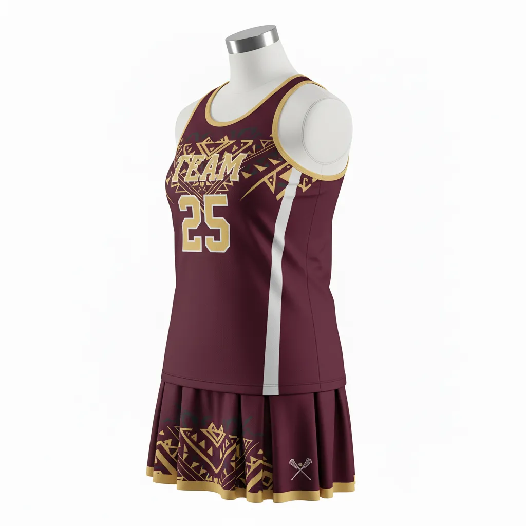 Custom Lacrosse Women Lacrosse Uniform - Burgundy, Gold - Women S Uniform Vegas Tribal Clash - Front View - HAMCO Sports Inc.
