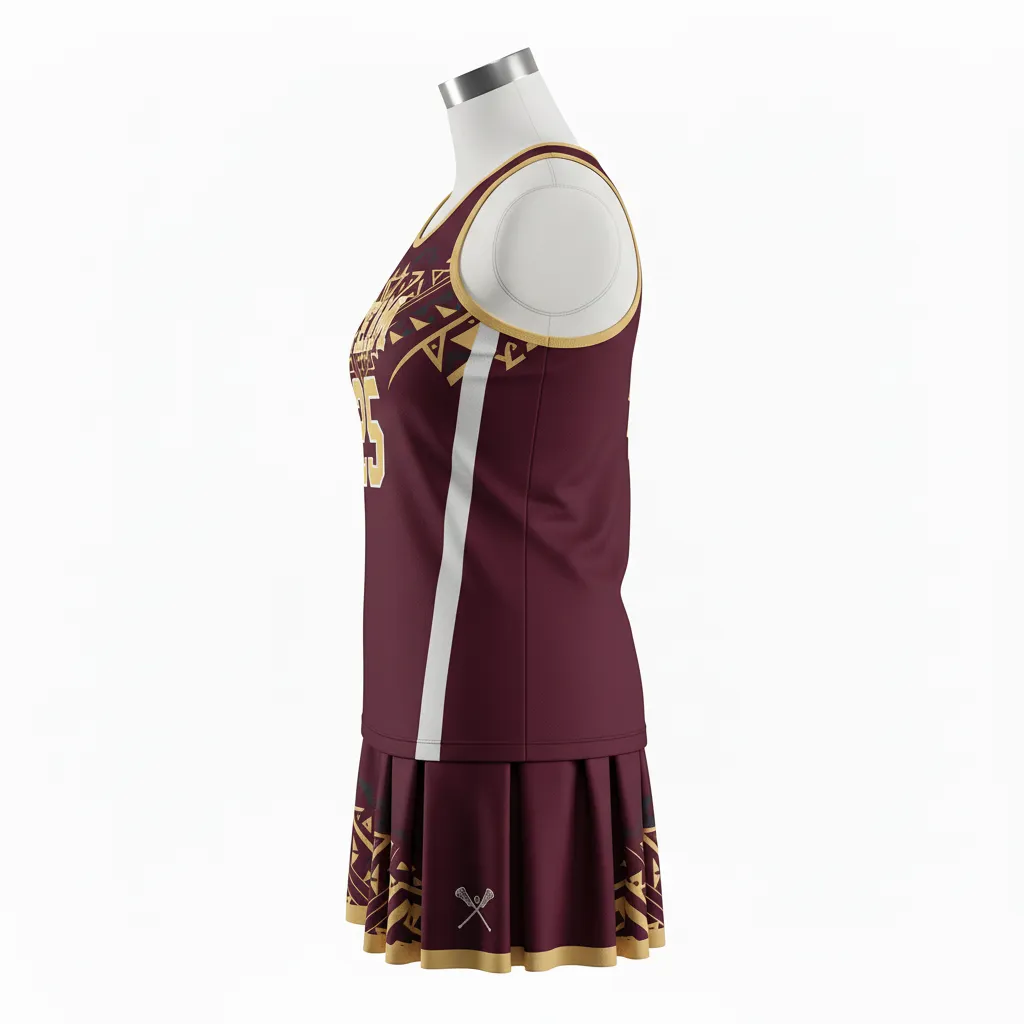 Custom Lacrosse Women Lacrosse Uniform - Burgundy, Gold - Women S Uniform Vegas Tribal Clash - Side View - HAMCO Sports Inc.