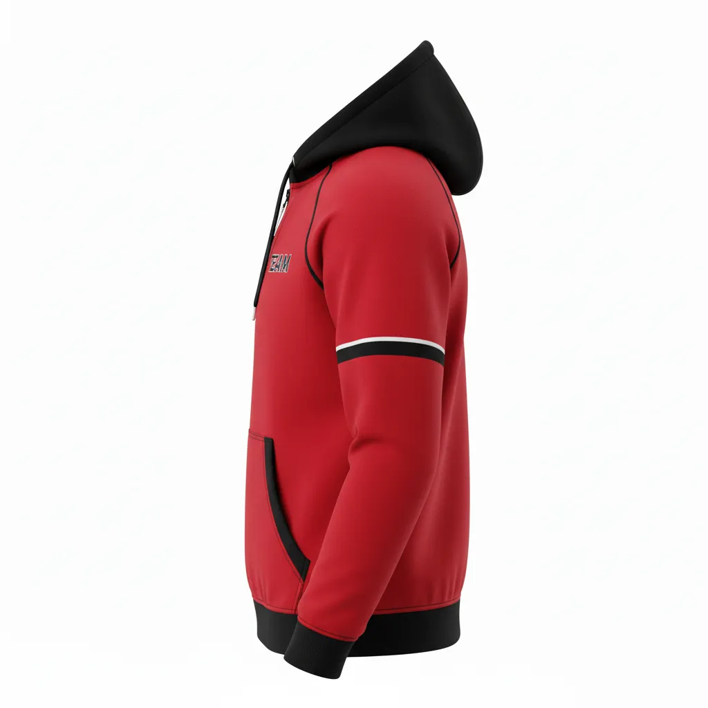 Custom Rugby Pullover Hoodie - Red, White - Custom Rugby Pullover Hoodie Athletic All Blacks - Side View - HAMCO Sports Inc.