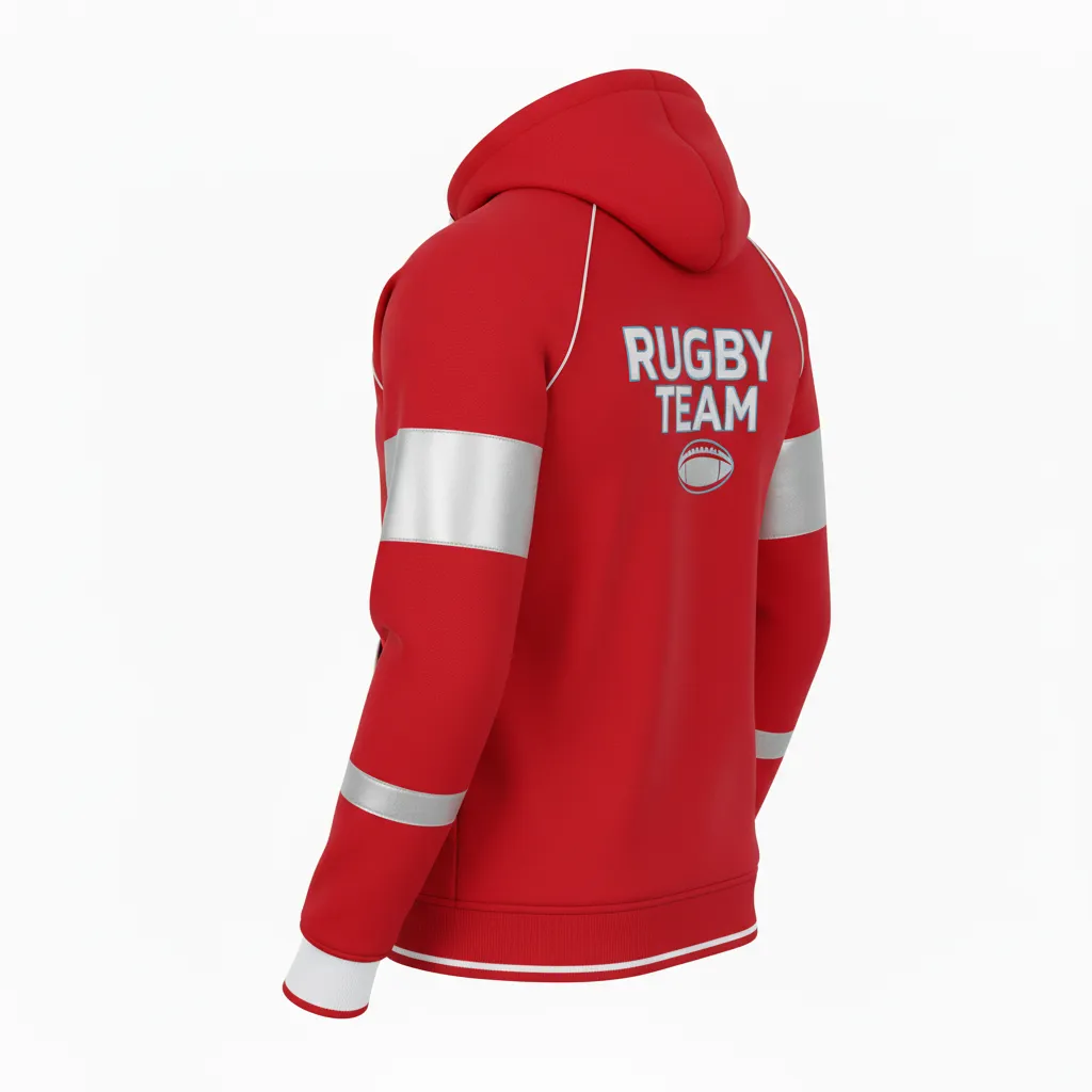 Custom Rugby Pullover Hoodie - Red, White, Navy - Custom Rugby Pullover Hoodie Athletic - Back View - HAMCO Sports Inc.