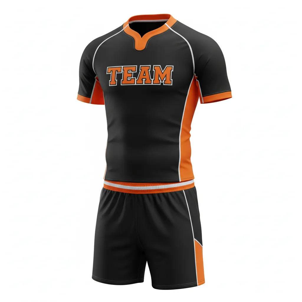 Custom Rugby Standard Rugby Uniforms - Orange, White - Custom Rugby Standard Rugby Uniforms All Blacks - Front View - HAMCO Sports Inc.