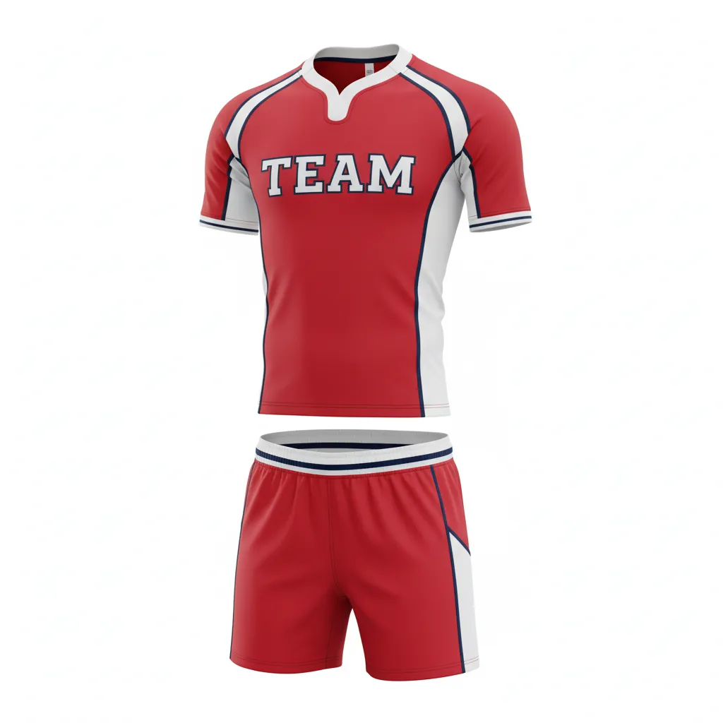 Custom Rugby Standard Rugby Uniforms - Red, White, Navy - Custom Rugby Standard Rugby Uniforms Athletic - Front View - HAMCO Sports Inc.