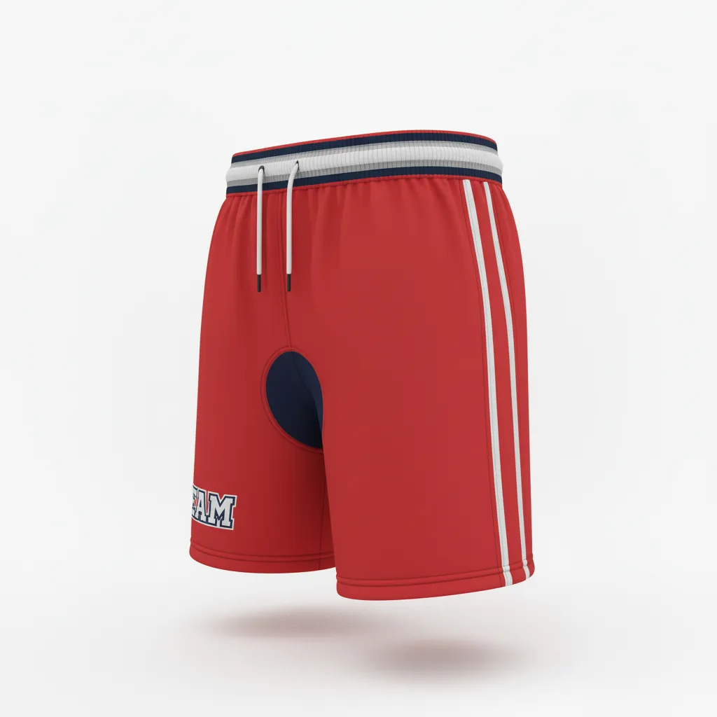 Custom Rugby Stripped Band Shorts - Red, White, Navy - Custom Rugby Stripped Band Shorts Athletic - Side View - HAMCO Sports Inc.