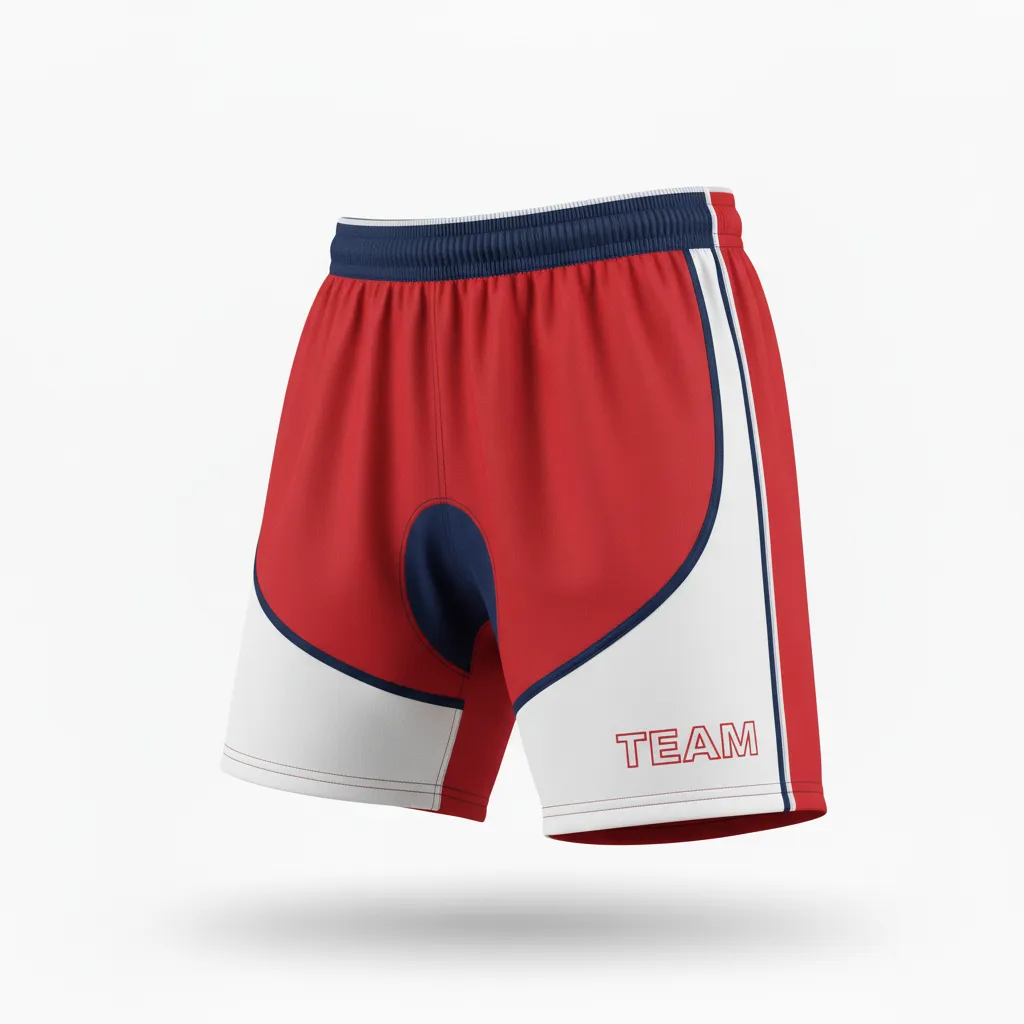 Custom Rugby Two Tone Shorts - Red, White, Navy - Custom Rugby Two Tone Shorts Athletic - Front View - HAMCO Sports Inc.