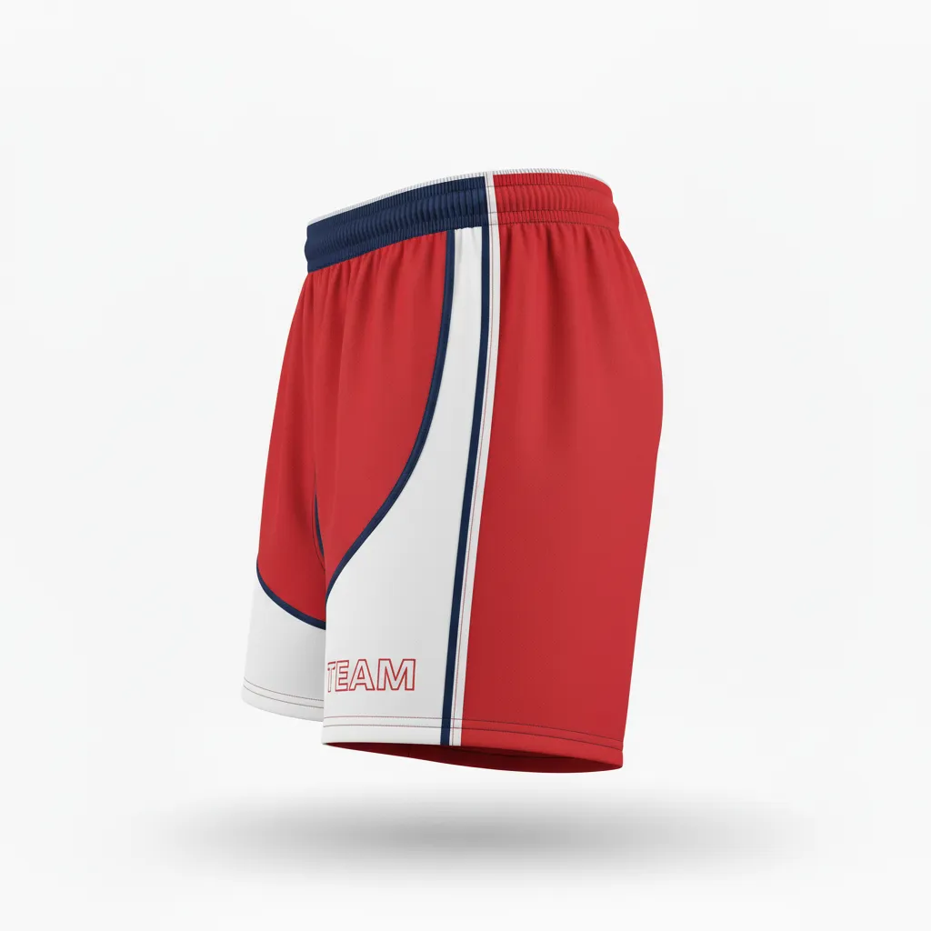 Custom Rugby Two Tone Shorts - Red, White, Navy - Custom Rugby Two Tone Shorts Athletic - Side View - HAMCO Sports Inc.