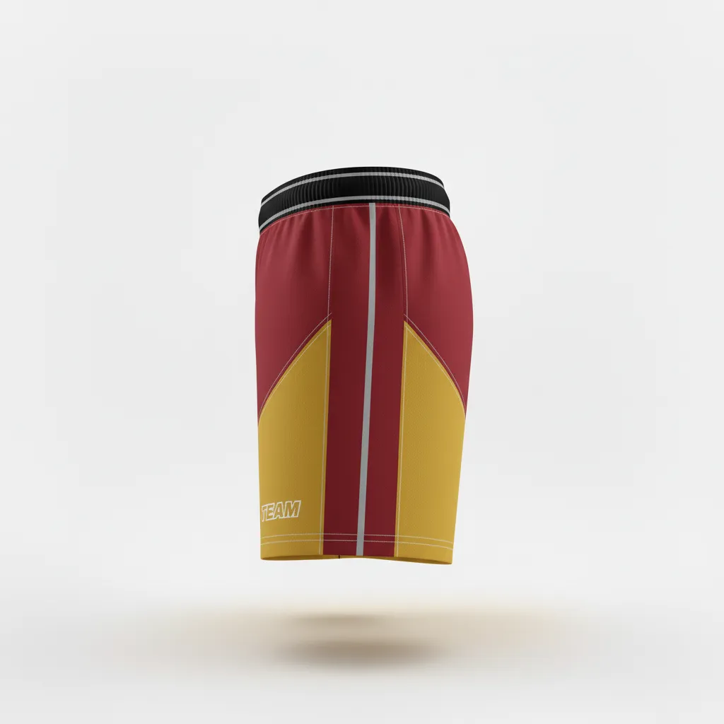 Custom Rugby Two Tone Shorts - Burgundy, Gold, White - Custom Rugby Two Tone Shorts Vegas - Side View - HAMCO Sports Inc.