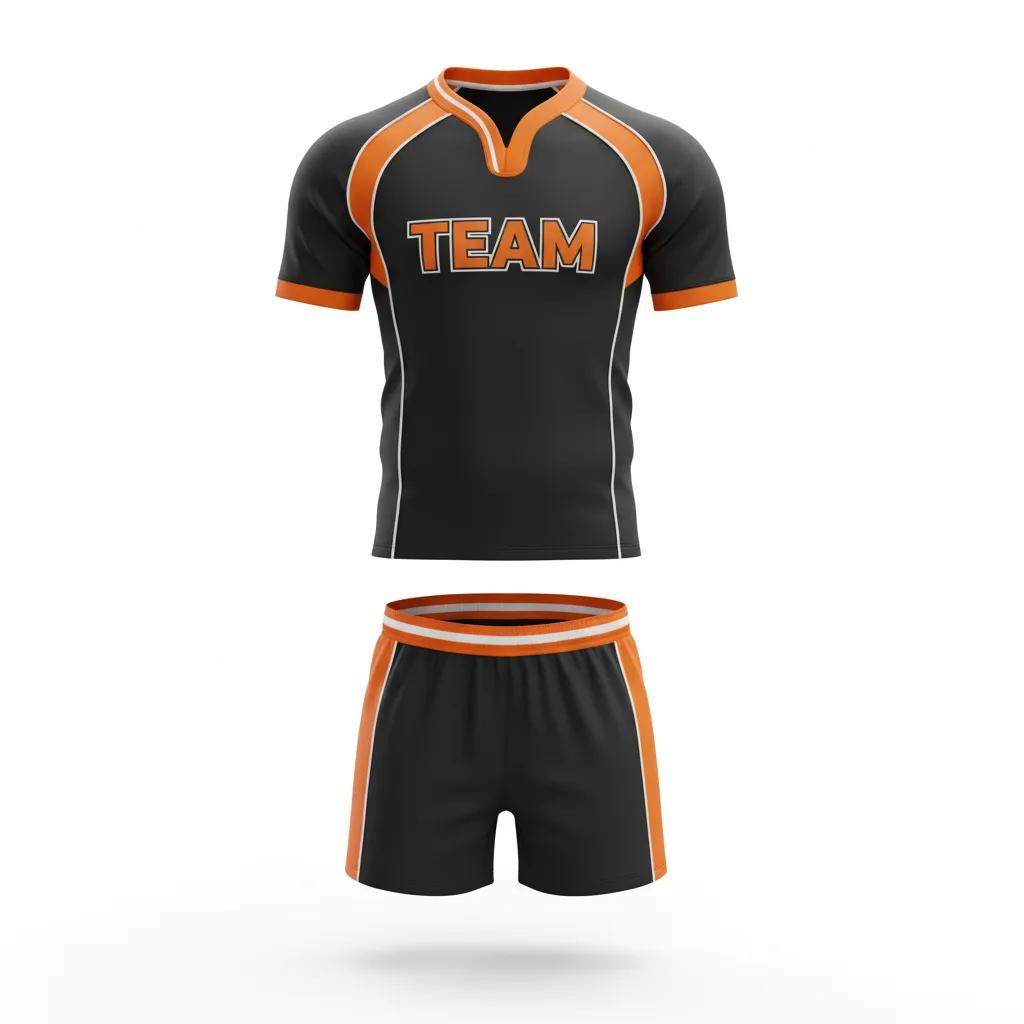 Custom Rugby V Neck Rugby Uniforms - Orange, White - Custom Rugby V Neck Rugby Uniforms All Blacks - Front View - HAMCO Sports Inc.