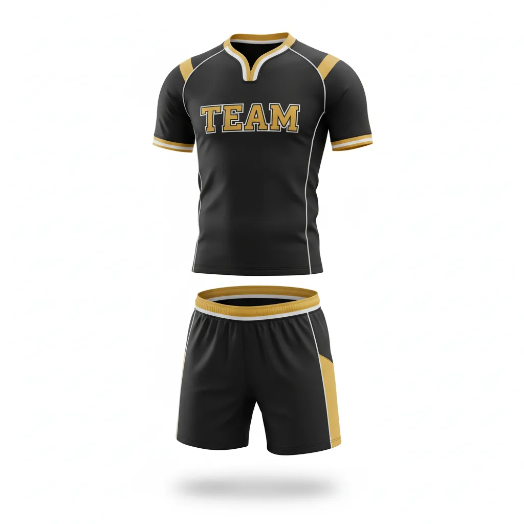 Custom Rugby V Neck Rugby Uniforms - Gold, White - Custom Rugby V Neck Rugby Uniforms All Blacks Vegas - Front View - HAMCO Sports Inc.