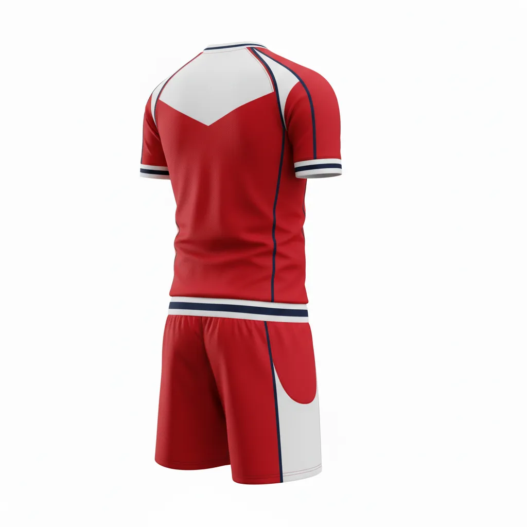 Custom Rugby V Neck Rugby Uniforms - Red, White, Navy - Custom Rugby V Neck Rugby Uniforms Athletic - Back View - HAMCO Sports Inc.