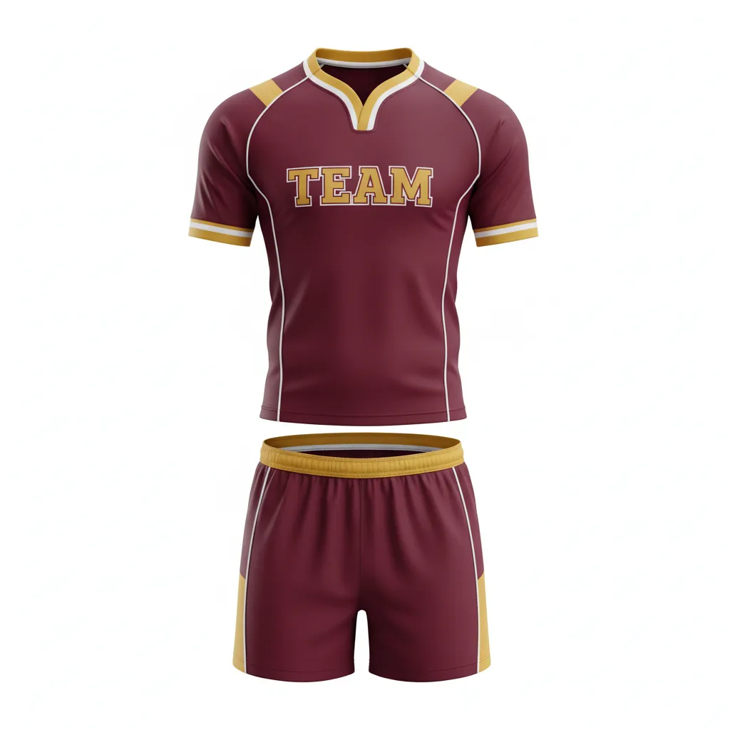 Custom Rugby V Neck Rugby Uniforms - Burgundy, Gold, White - Custom Rugby V Neck Rugby Uniforms Vegas - Front View - HAMCO Sports Inc.