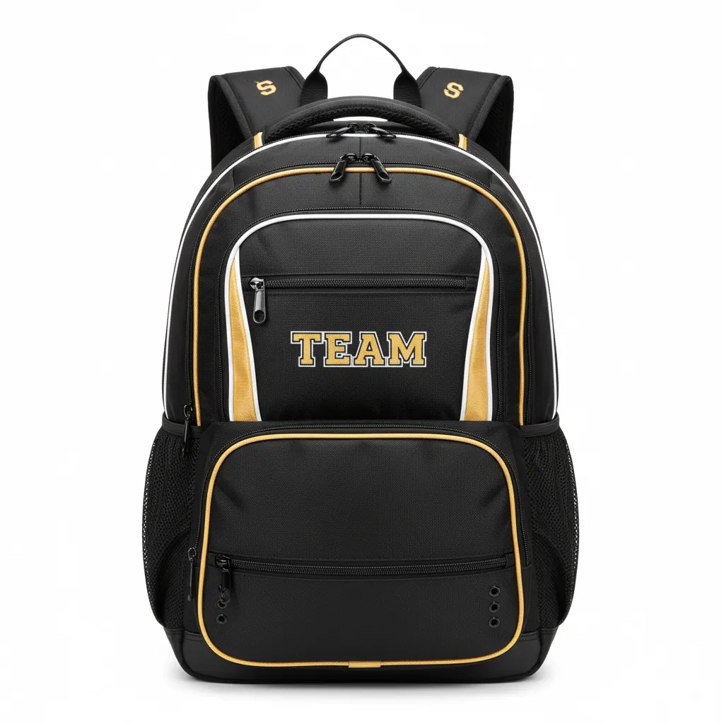 Custom Soccer Backpack - Black, Gold, White - Backpack - Front View - HAMCO Sports Inc.