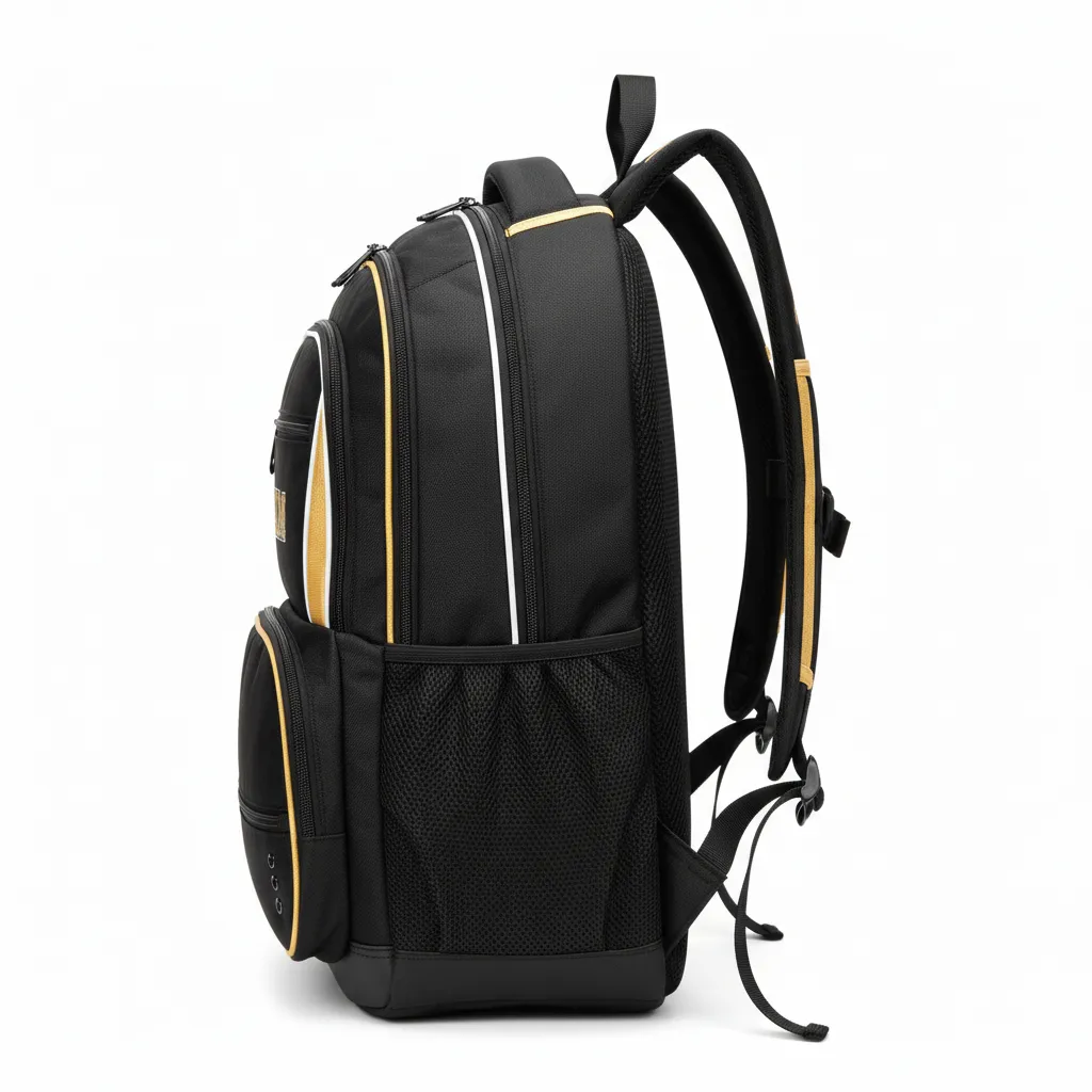 Custom Soccer Backpack - Black, Gold, White - Backpack - Side View - HAMCO Sports Inc.