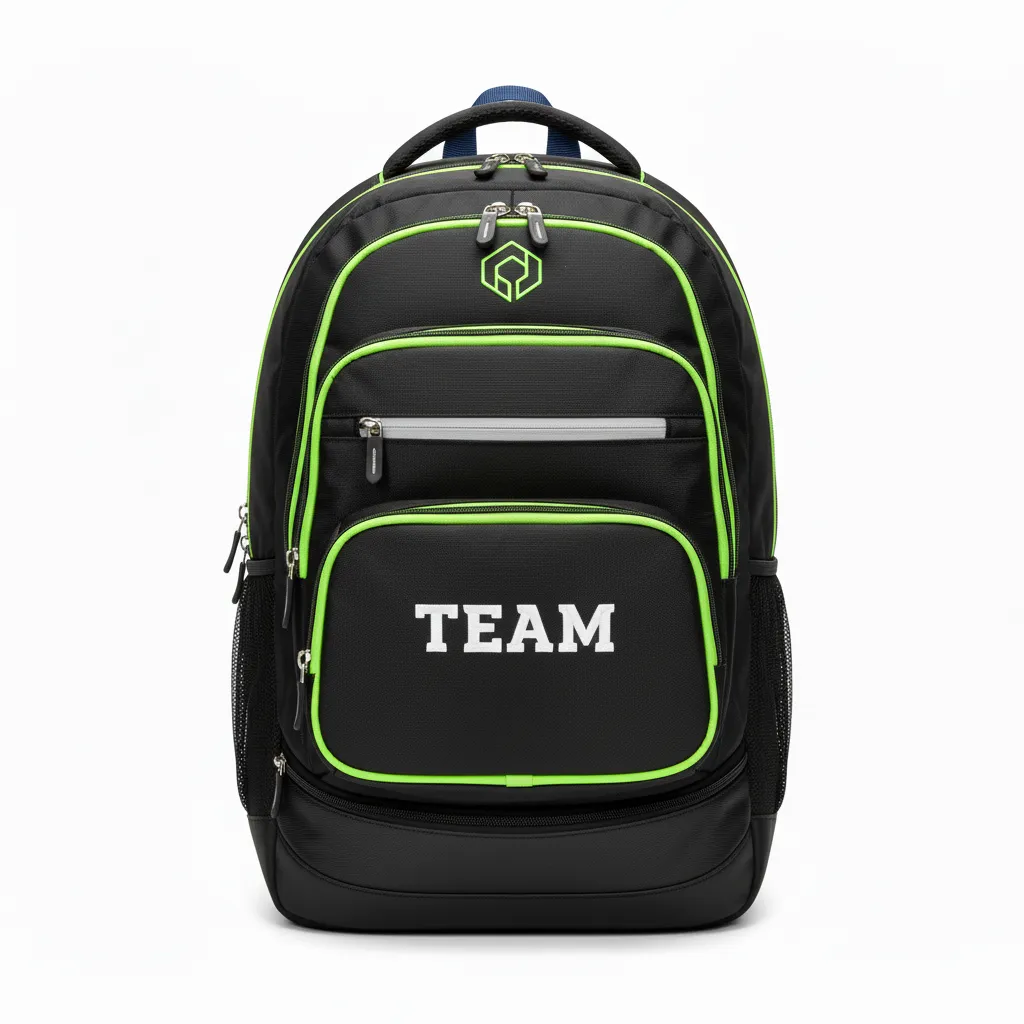 Custom Soccer Backpack - Black, Green - Backpack Neon - Front View - HAMCO Sports Inc.