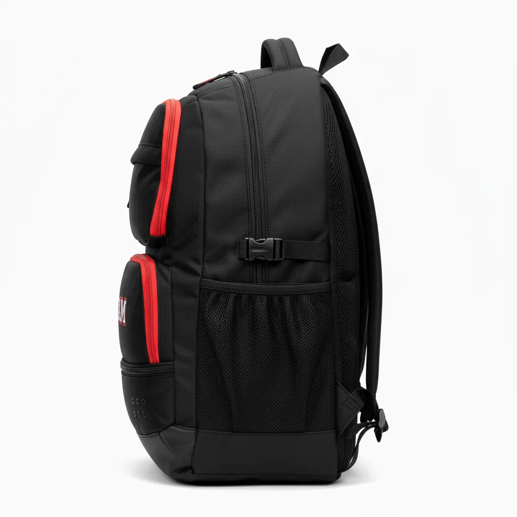 Custom Soccer Backpack - Black, Red - Backpack - Side View - HAMCO Sports Inc.