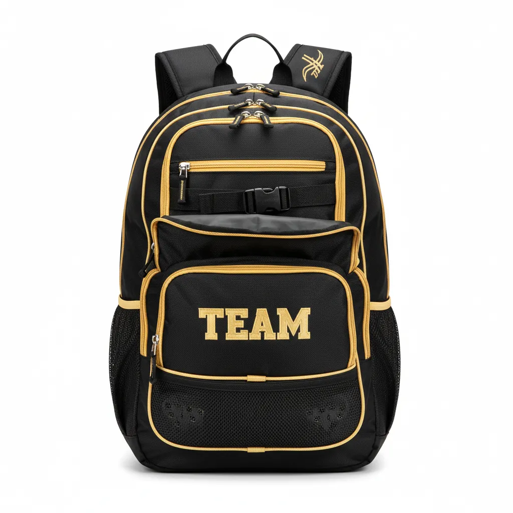 Custom Soccer Backpack - Black, Gold - Backpack Vegas - Front View - HAMCO Sports Inc.