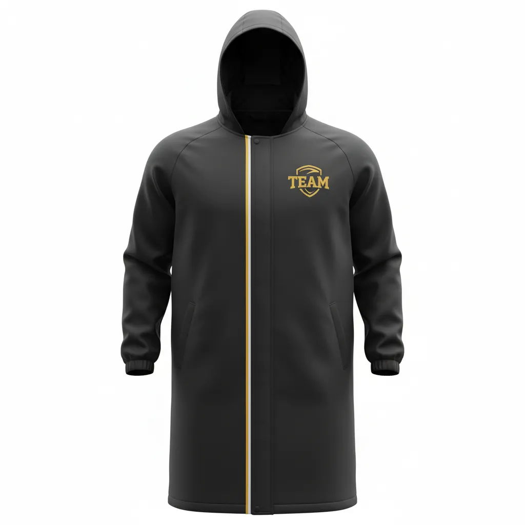 Custom Soccer Bench Jacket - Black, Gold, White - Bench Coat - Front View - HAMCO Sports Inc.