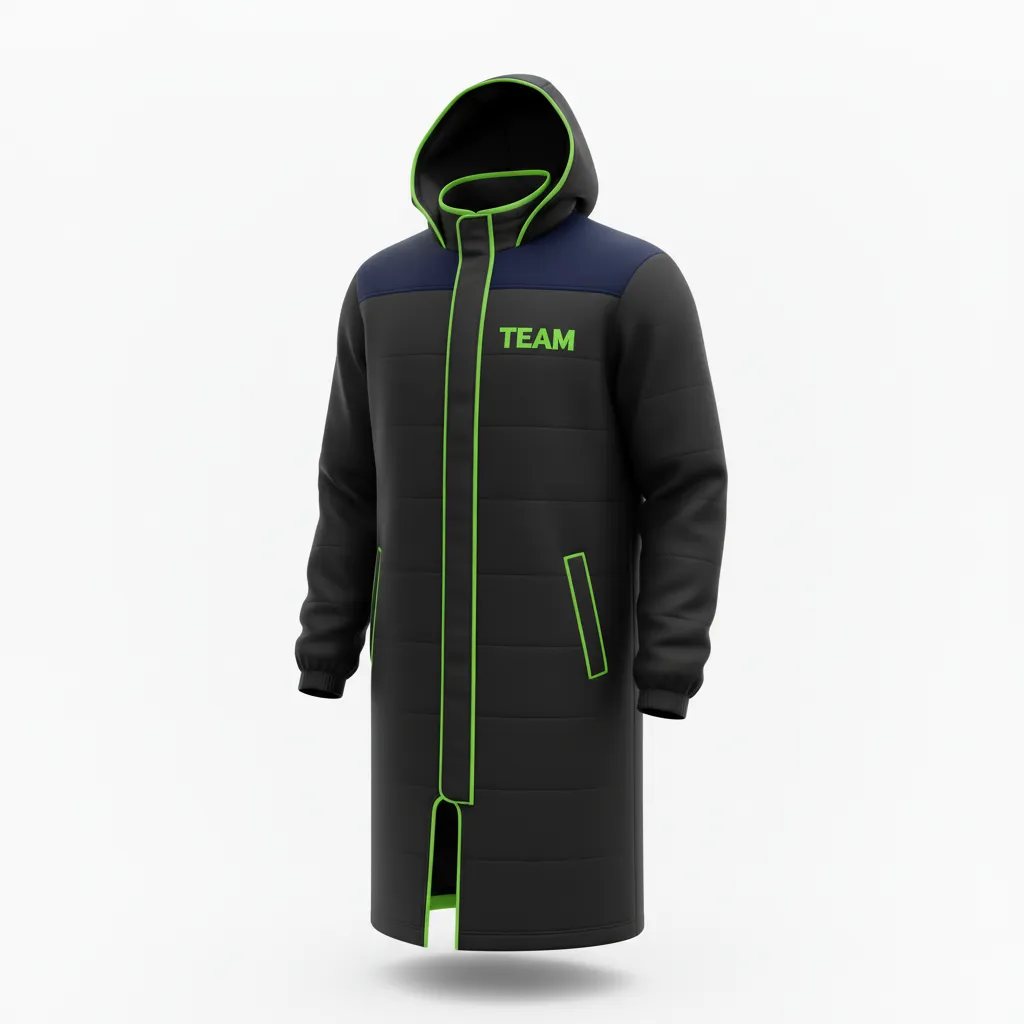 Custom Soccer Bench Jacket - Black, Green - Bench Coat Neon - Front View - HAMCO Sports Inc.