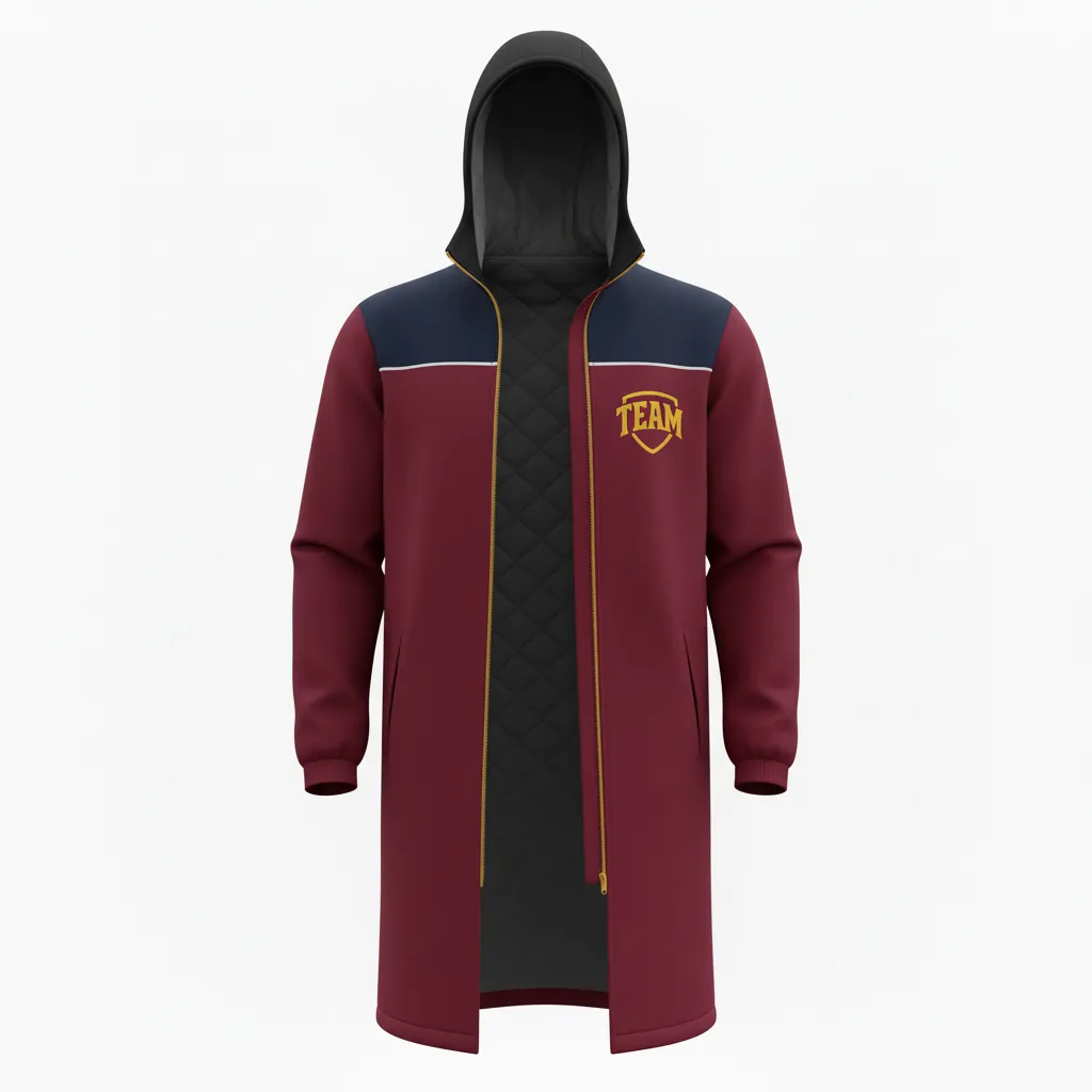 Custom Soccer Bench Jacket - Burgundy, Gold - Bench Coat - Front View - HAMCO Sports Inc.