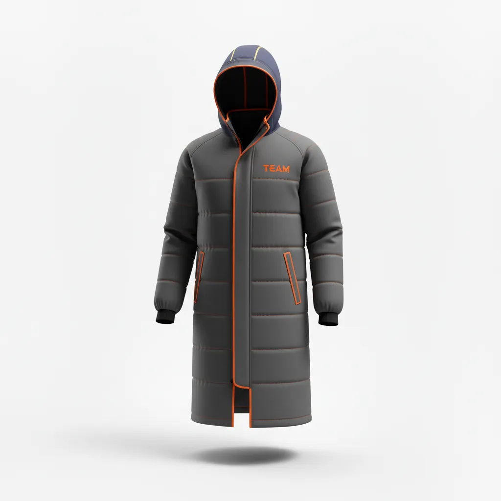 Custom Soccer Bench Jacket - Orange - Bench Coat Charcoal Neon - Front View - HAMCO Sports Inc.