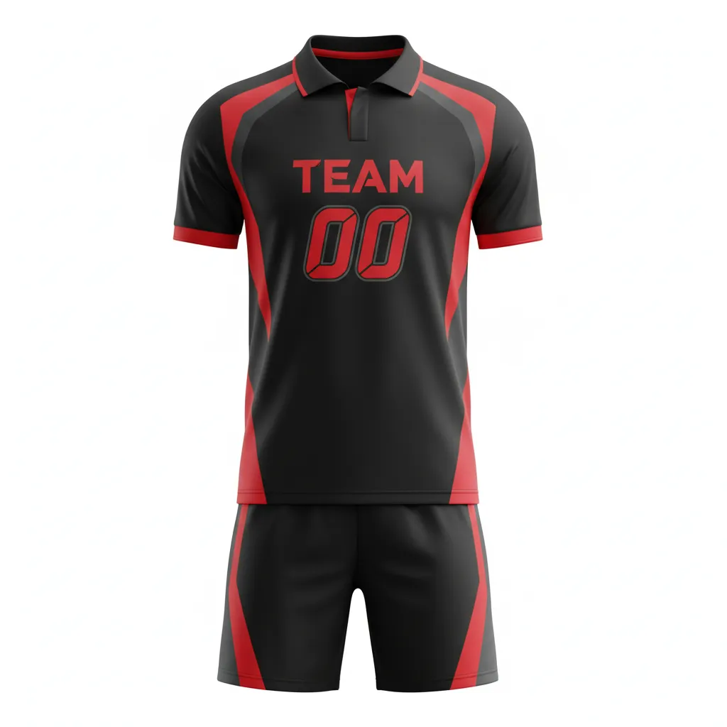 Custom Soccer Collard Soccer Uniform - Black, Red, Grey - Collared Uniform Modern Tech - Front View - HAMCO Sports Inc.