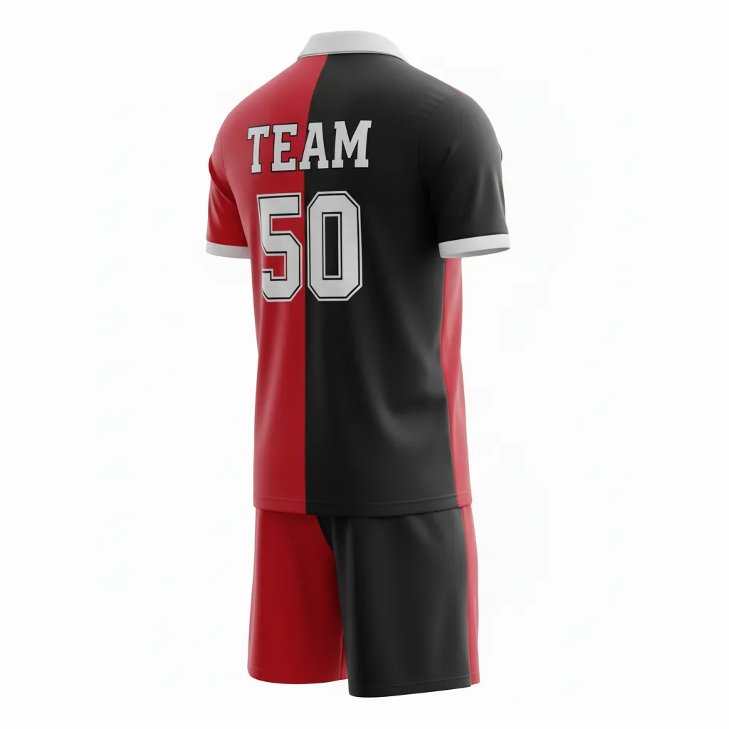 Custom Soccer Collard Soccer Uniform - Black, Red, White - Collared Uniform Split - Back View - HAMCO Sports Inc.