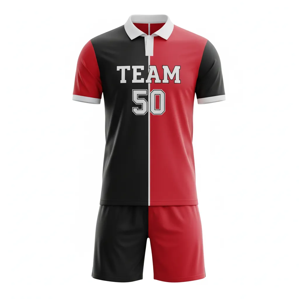 Custom Soccer Collard Soccer Uniform - Black, Red, White - Collared Uniform Split - Front View - HAMCO Sports Inc.