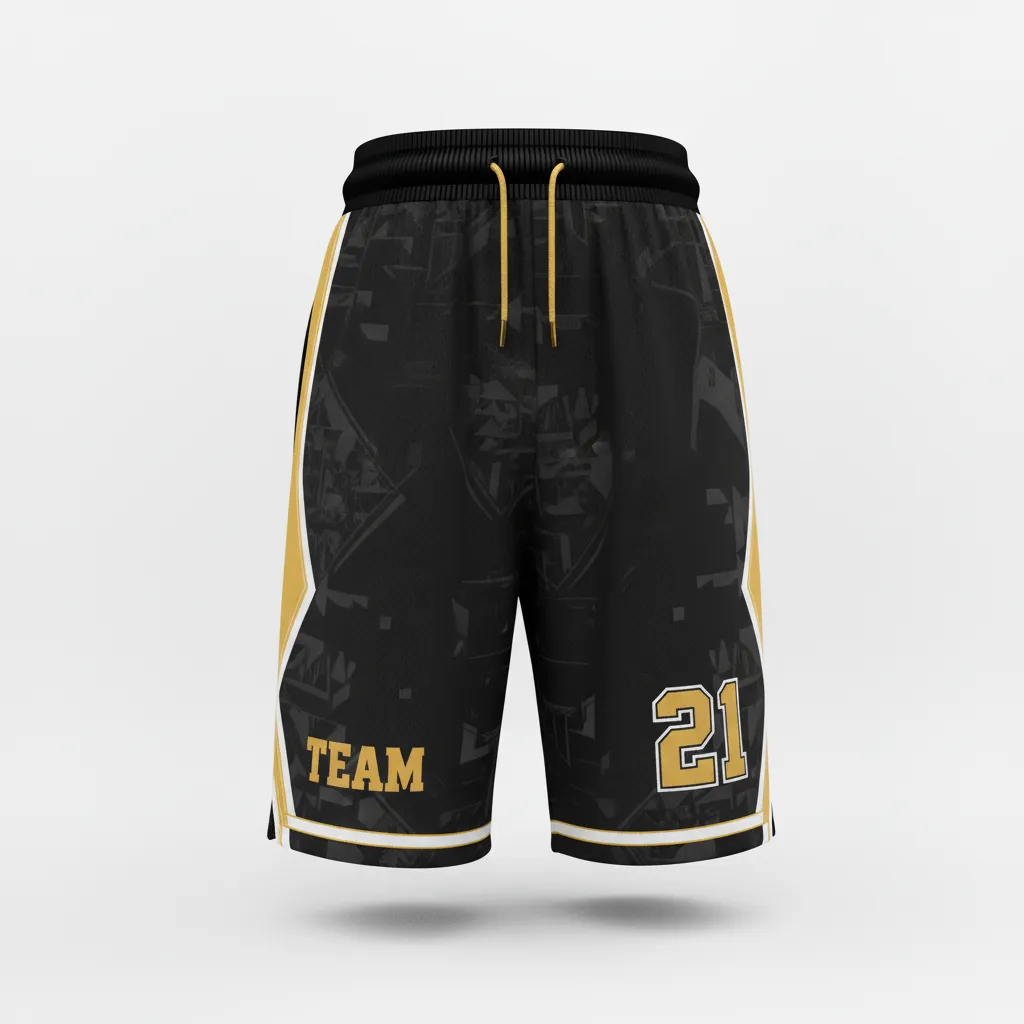 Custom Soccer Custom Soccer Shorts - Black, Gold, White - Shorts Vegas - Front View - HAMCO Sports Inc.