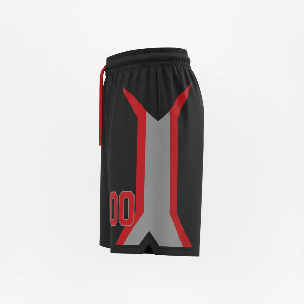 Custom Soccer Custom Soccer Shorts - Black, Red, Grey - Shorts Modern - Side View - HAMCO Sports Inc.
