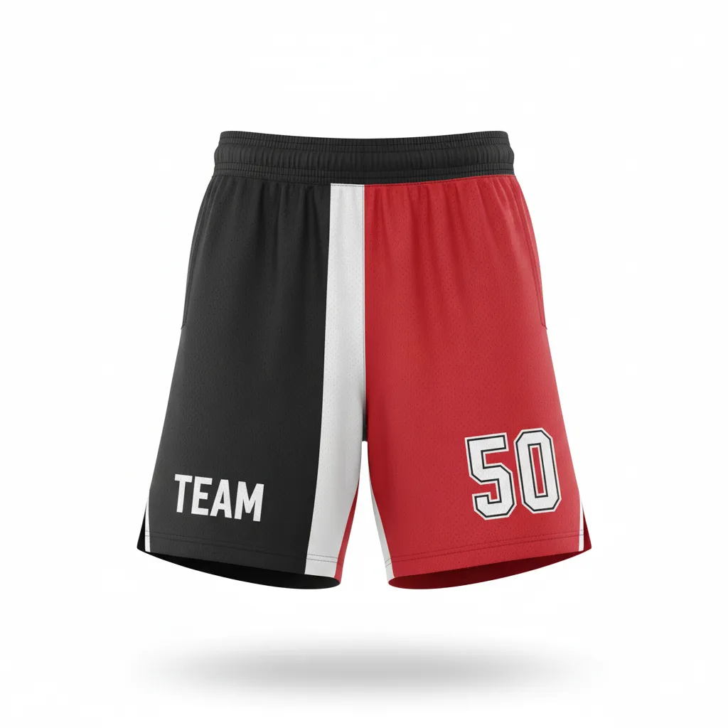 Custom Soccer Custom Soccer Shorts - Black, Red - Shorts Split - Front View - HAMCO Sports Inc.