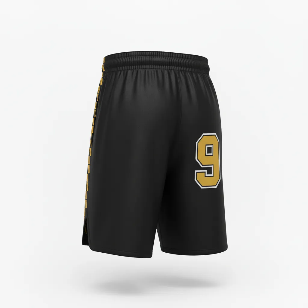 Custom Soccer Custom Soccer Shorts - Black, Gold - Shorts Vegas Geometric - Back View - HAMCO Sports Inc.