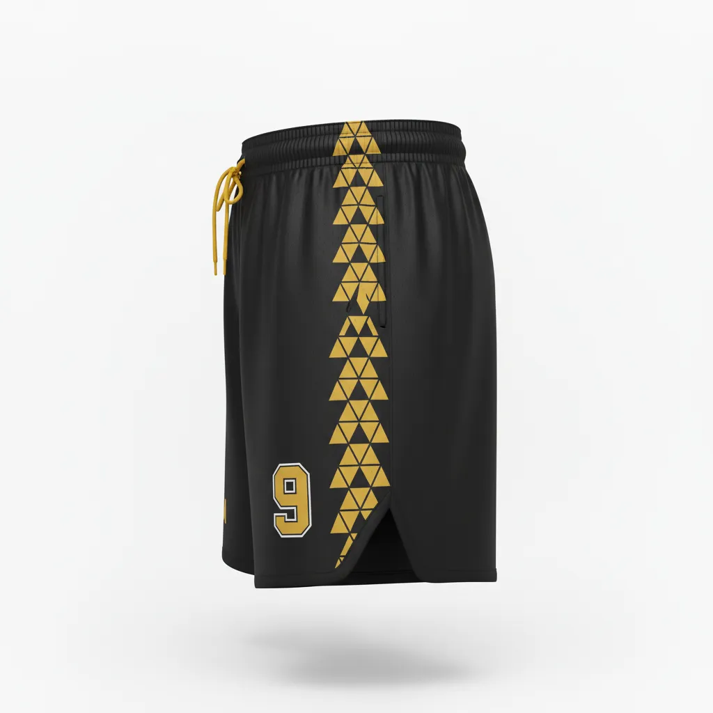 Custom Soccer Custom Soccer Shorts - Black, Gold - Shorts Vegas Geometric - Side View - HAMCO Sports Inc.