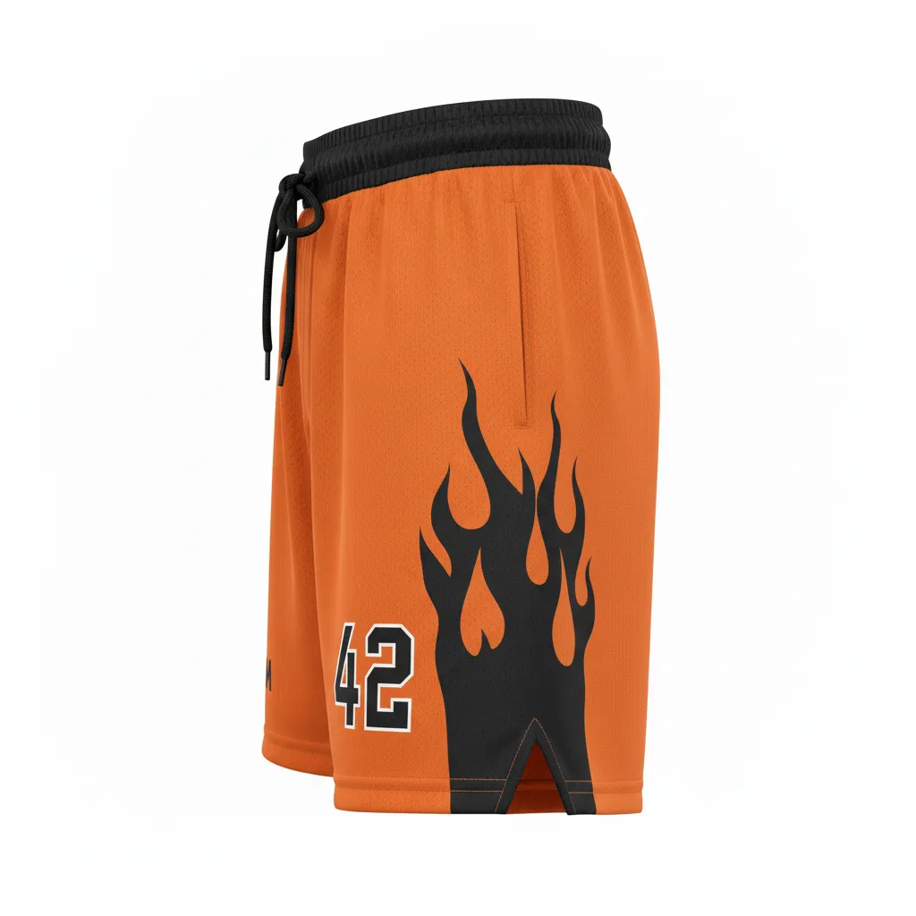 Custom Soccer Custom Soccer Shorts - Burnt, Orange, Black - Shorts Flame - Side View - HAMCO Sports Inc.