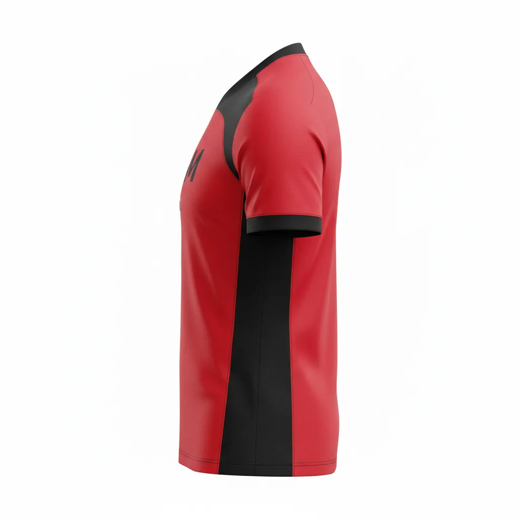 Custom Soccer Custom V Neck Soccer Jersey - Red, Black - Vneck Jersey Athletic Shoulder Panels - Side View - HAMCO Sports Inc.