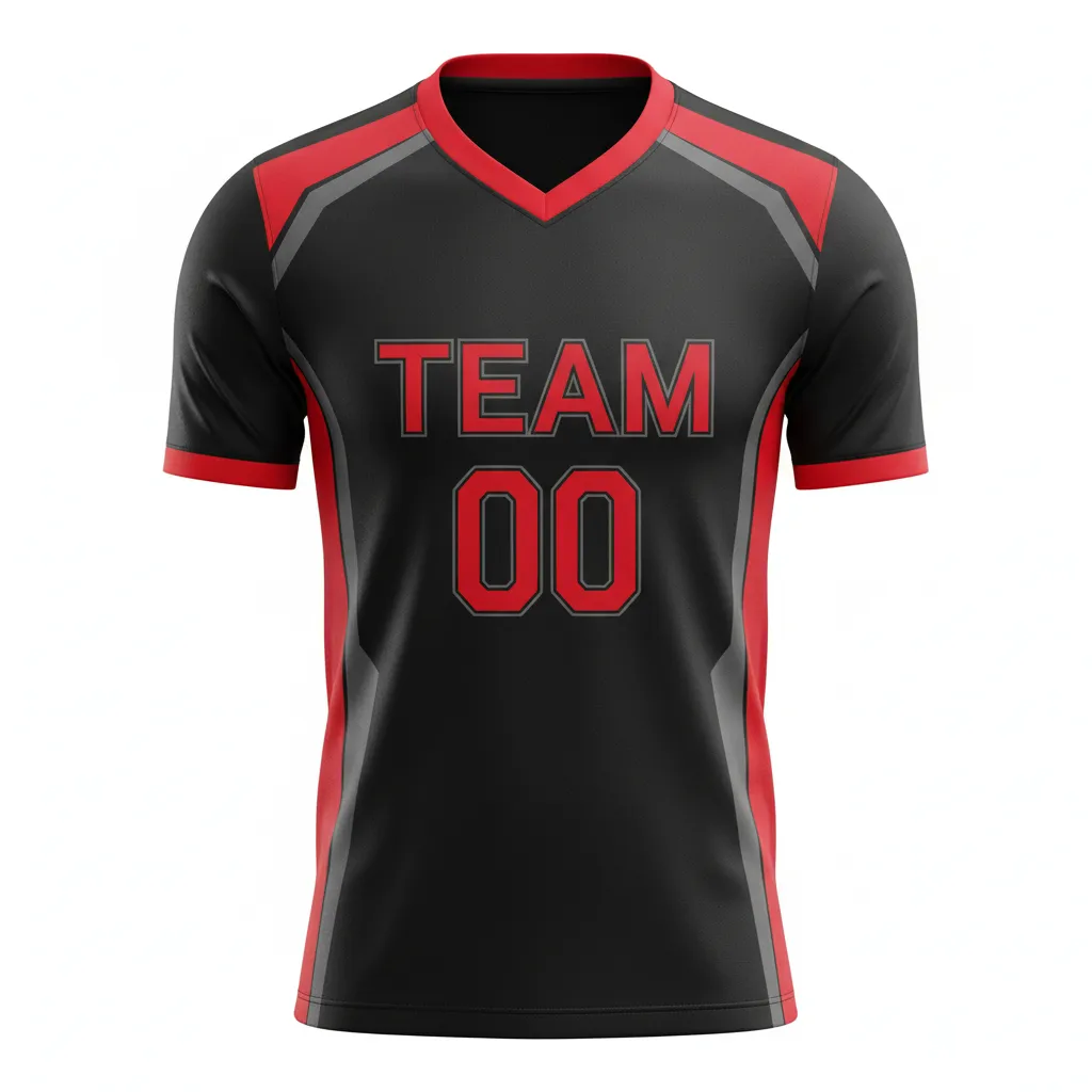 Custom Soccer Custom V Neck Soccer Jersey - Black, Red, Grey - Vneck Jersey Modern - Front View - HAMCO Sports Inc.