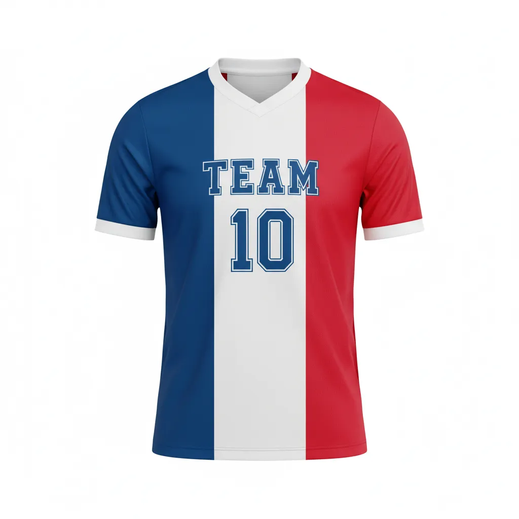 Custom Soccer Custom V Neck Soccer Jersey - Blue, White, Red - Vneck Jersey French - Front View - HAMCO Sports Inc.
