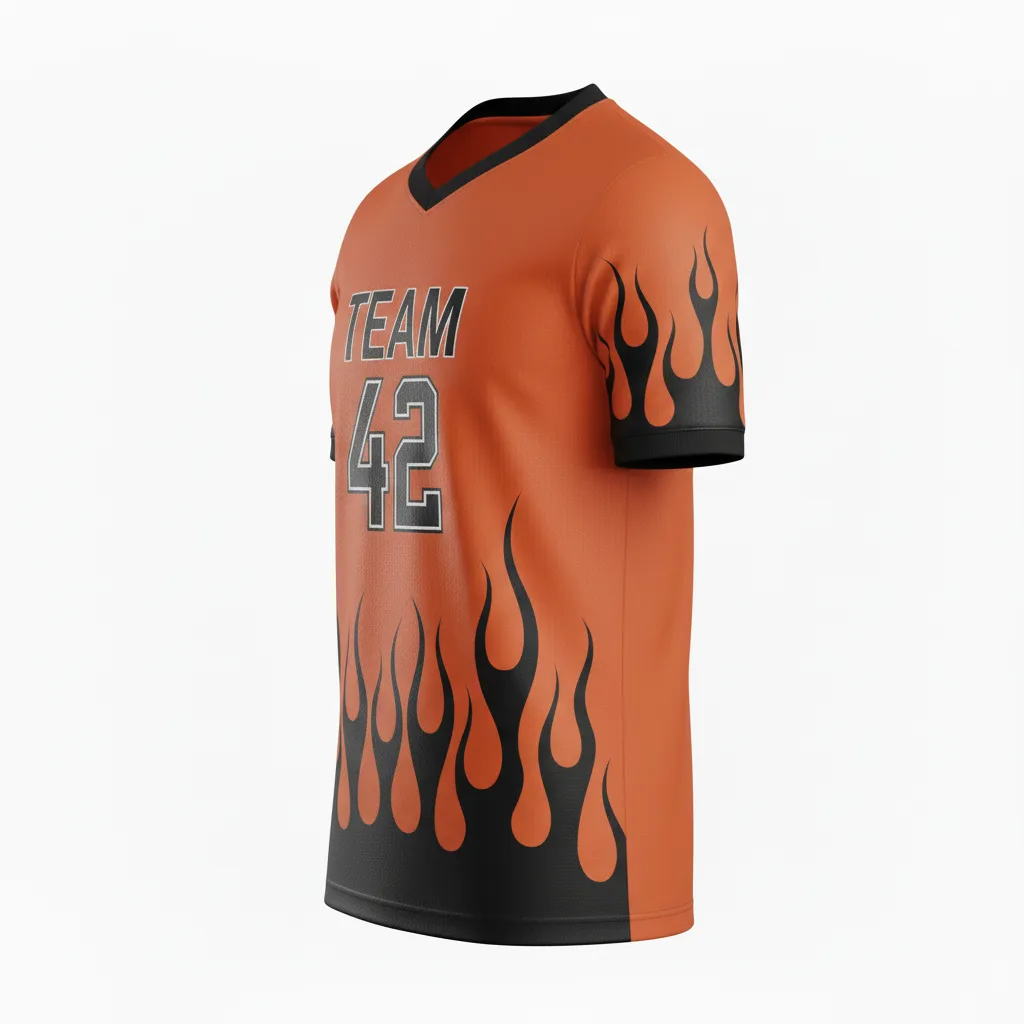 Custom Soccer Custom V Neck Soccer Jersey - Burnt, Orange, Black - Vneck Jersey Flame - Back View - HAMCO Sports Inc.