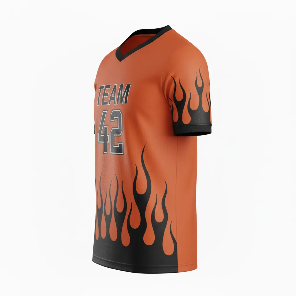 Custom Soccer Custom V Neck Soccer Jersey - Burnt, Orange, Black - Vneck Jersey Flame - Side View - HAMCO Sports Inc.